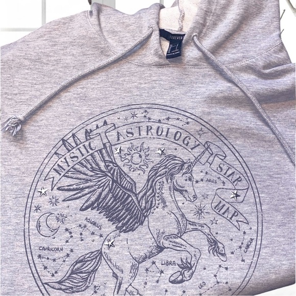 Forever21 Grey Hoodie Women Large Astrology Horoscope Unicorn Pegasus Stars - Picture 3 of 5